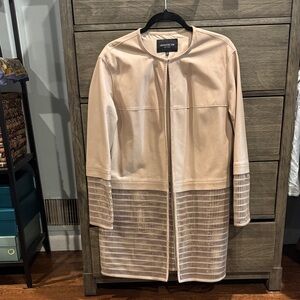 Lafayette 148 New York Laser Cut Tan Leather Jacket, Cotton/Silk Lining, Size M